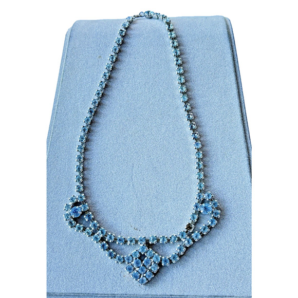 1950's Blue Rhinestone Mid Century Vintage Choker Necklace, Prom Formal Jewelry - Picture 6 of 12